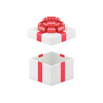 White luxury open gift box with red glossy bow ribbon 3d icon realistic vector illustration