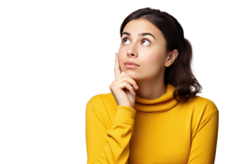 A young woman with finger on mouth looking up thinking isolated on transparent and white background.PNG image.