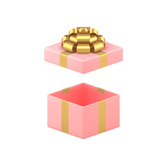 Pink elegant feminine squared open gift box with golden bow ribbon 3d icon realistic vector