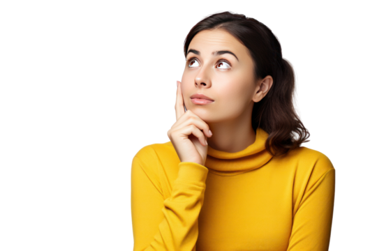 A young woman with finger on mouth looking up thinking isolated on transparent and white background.PNG image.