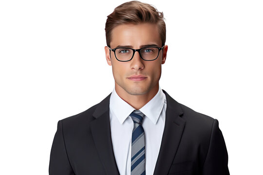 Handsome young businessman wearing glasses looking at the camera isolated on transparent and white background.PNG image.