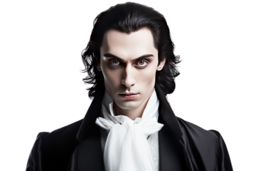 portrait of young man disguised as dracula isolated on transparent and white background.PNG image.