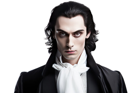 portrait of young man disguised as dracula isolated on transparent and white background.PNG image.