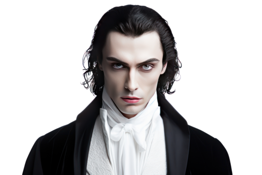 portrait of young man disguised as dracula isolated on transparent and white background.PNG image.