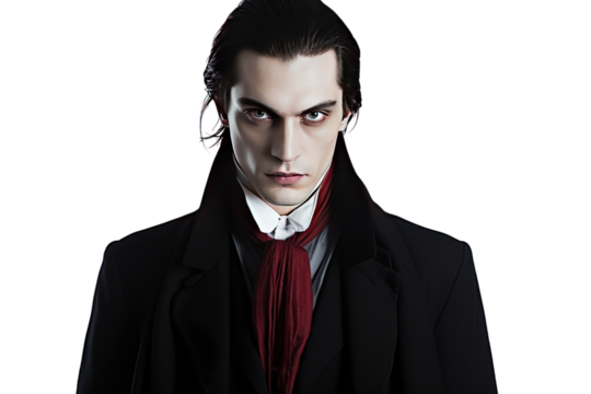 portrait of young man disguised as dracula isolated on transparent and white background.PNG image.