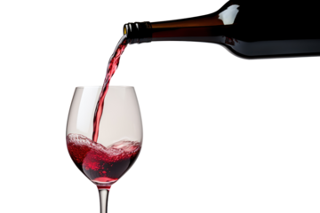Red Wine Pouring into a clear glass isolated on transparent and white background.PNG image.