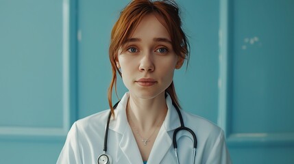 Portrait of a beautiful confident female doctor on a blue background. - Powered by Adobe