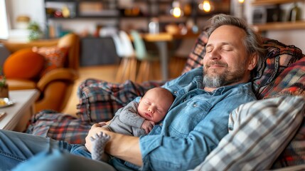Obraz premium Father bonding with newborn baby at home, blurred background with copy space for text placement