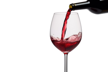 Red Wine Pouring into a clear glass isolated on transparent and white background.PNG image.