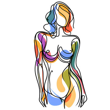 Abstract line drawing of a beautiful woman in a swimsuit on a white background