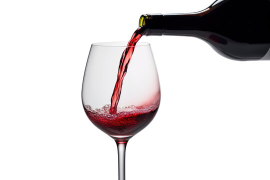 Red Wine Pouring into a clear glass isolated on transparent and white background.PNG image.