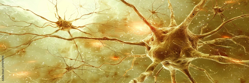 Poster macro shot of human brain showing neurons firing and neural extensions in detail