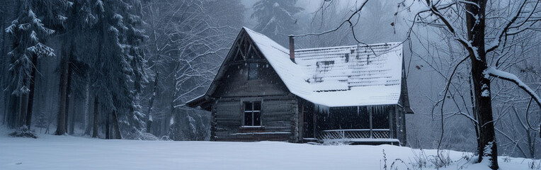 Secluded Snowy Cabin in Winter Forest