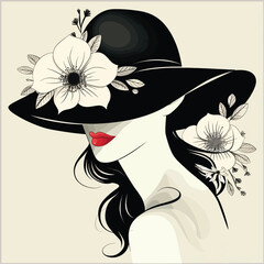 Woman in a hat with flowers illustration vector