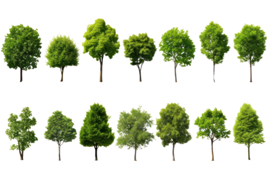Set of green trees isolated on whiteisolated on transparent and white background.PNG image.	