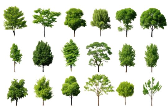 Set of green trees isolated on whiteisolated on transparent and white background.PNG image.