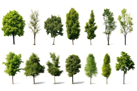 Set of green trees isolated on whiteisolated on transparent and white background.PNG image.