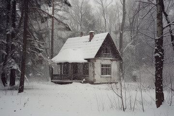 Secluded Snowy House in Misty Forest