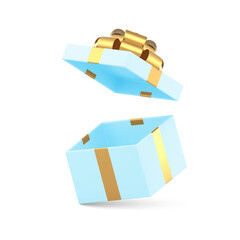 Open blue gift box with flying lid and luxury golden bow ribbon empty pack 3d icon realistic vector