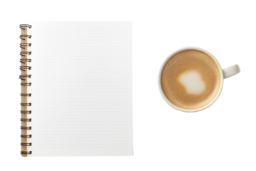 A steaming mug of coffee sits beside a blank notebook on a desk, ready for morning ideas isolated on transparent and white background.PNG image