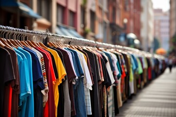 Colorful assortment of clothing items displayed on a clothing rack at a vibrant street market