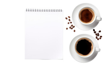 Obraz na płótnie Canvas Top view Cup of coffee and notepad isolated on transparent and white background.PNG image. 