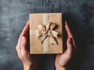 Hands holding a wrapped gift box with a ribbon.