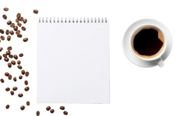 Top view Cup of coffee and notepad isolated on transparent and white background.PNG image.