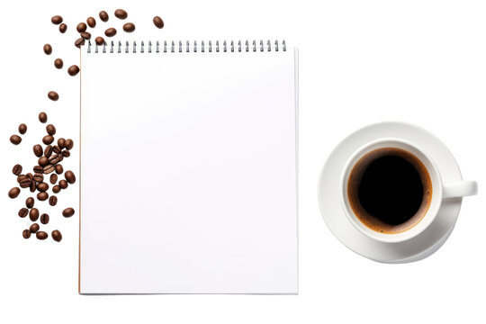 Top view Cup of coffee and notepad  isolated on transparent and white background.PNG image.	