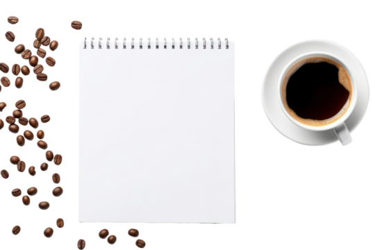 Top view Cup of coffee and notepad  isolated on transparent and white background.PNG image.	