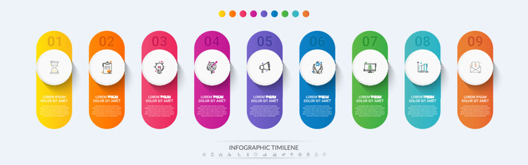 Infographic vector template for business. 3D paper label with nine circles and steps. Flat modern timeline for content, diagram, presentation, workflow, chart.