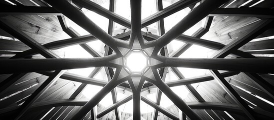 A black and white depiction of wooden roof truss supports arranged in a radial pattern, showcasing the intricate design and structural integrity of the wooden structure.