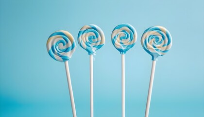 Blue spiral lollipops on pastel blue background
