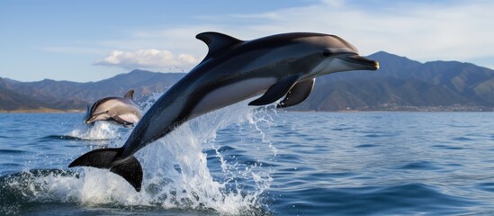 A couple of dolphins are seen joyfully leaping out of the water in the Greater Farallones National Marine Sanctuary. The dolphins exhibit impressive agility as they breach the surface in