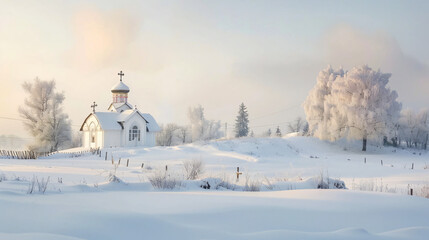 Country winter landscape. View of orthodox