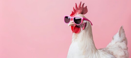 Amusing chicken wearing sunglasses on pastel background with space for text, quirky poultry concept