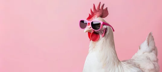 Deurstickers Amusing chicken wearing sunglasses on pastel background with space for text, quirky poultry concept © Ilja