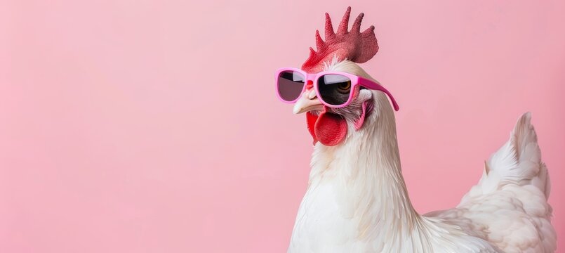 Amusing chicken wearing sunglasses on pastel background with space for text, quirky poultry concept