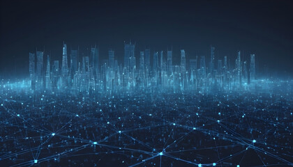 Modern cityscape with sky scraper buildings and modern interconnected technology network grid  from above 3D imaginative rendering in blue at night   