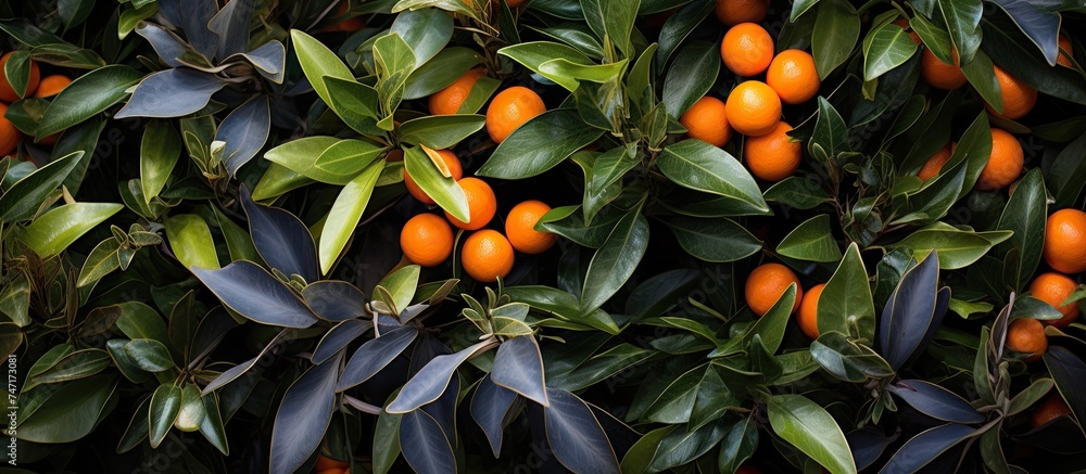 Poster an orange tree filled with ripe oranges hanging from its branches in a lush green setting. the tree 