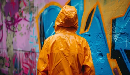 An orange raincoat with colorful graffiti on it, celebrate artistic day