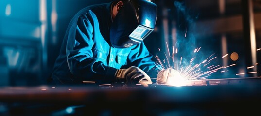 Professional welder with medium pipe, blue light background, space for text placement.