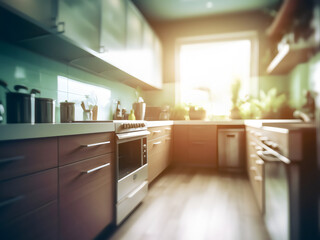 Modern kitchen interior background. Clean kitchen with countertop and kitchenware blurred scene background.