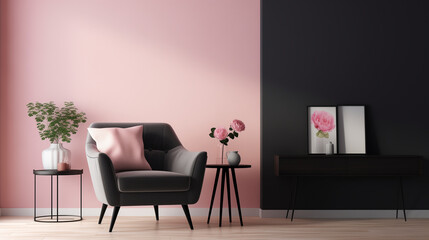 Modern Minimalist Interior with Gray Armchair, Pink Wall, and Elegant Decorative Elements