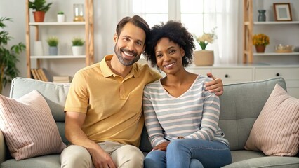 Happy Multiracial Couple in Living Room - Family Moving into New Home