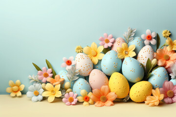 Fototapeta na wymiar Colorful Easter eggs with spring blossom flowersover blue background. Easter card. Banner. Copy space for text