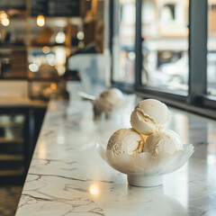 Helado blanco en el mostrador de una tienda. Estilo de fotografía de producto - obrazy, fototapety, plakaty