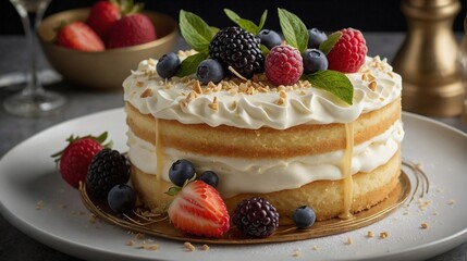 Cake with white cream icing and fruits