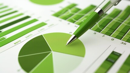 Analyzing Financial Data with Pen on Green Pie Chart, A pen points to a section of a green pie chart, symbolizing detailed financial analysis - obrazy, fototapety, plakaty