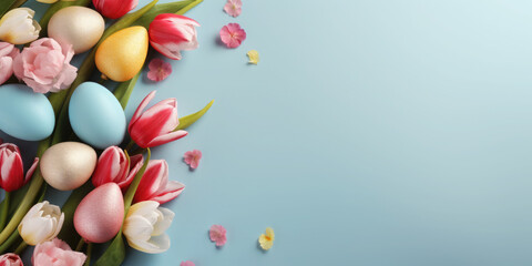 Bunch of colorful tulips on a blue background. Banner. Copy space for text